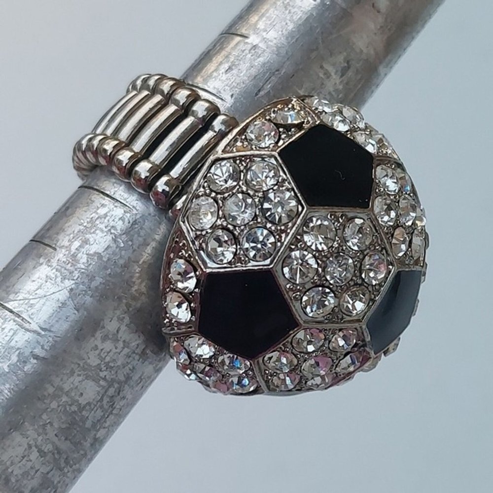 Sports Novelty Rhinestone Paved Enameled Soccer Ball Bling Stretch Ring